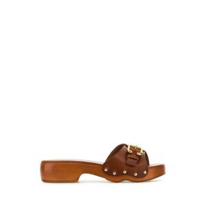 CHLOE Wooden Clog Mules with Buckle Detail Women CAMEL Sandals